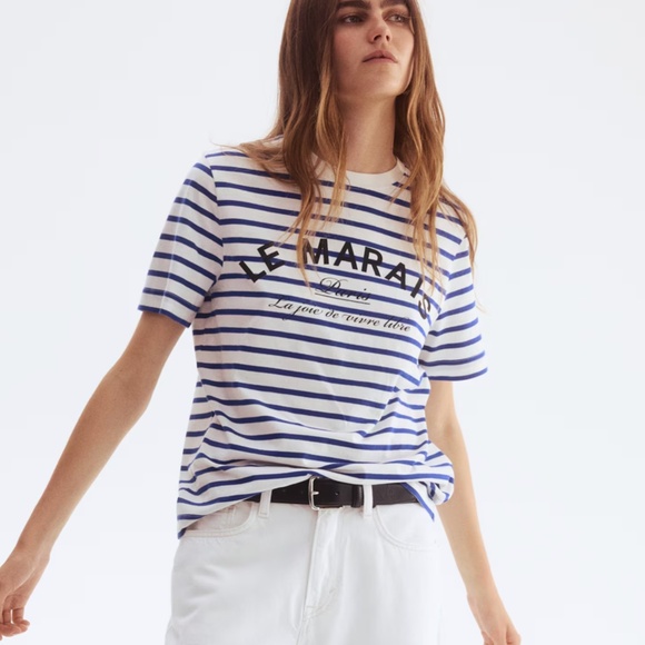 H&M Striped White and Blue Graphic Le Marais T-Shirt - Picture 3 of 8